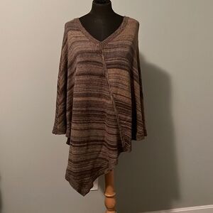 The Territory Ahead Women's Brown Wool Blend Rabbit Hair Knit Striped Poncho